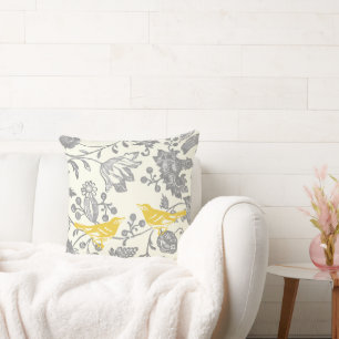 2nd Anniversary Yellow Grey Ivory Floral Lovebird Cushion