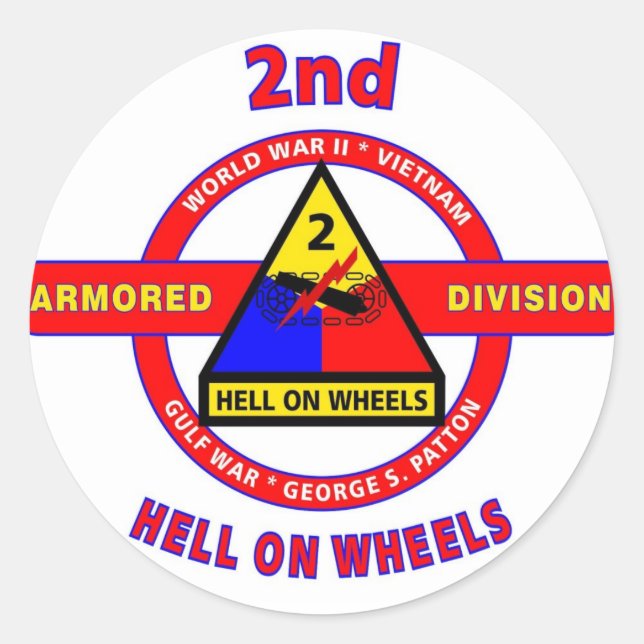 2ND ARMORED DIVISION "HELL ON WHEELS" CLASSIC ROUND STICKER (Front)