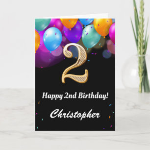2nd Birthday Black and Gold Colourful Balloons Car Card