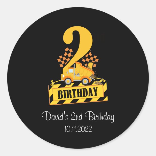 2nd Birthday Black and Yellow Construction Truck Classic Round Sticker (Front)