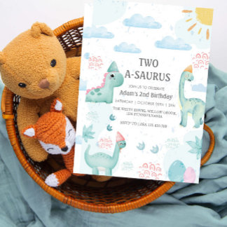  2nd Birthday Blue Watercolor Dinosaurs Party Invitation