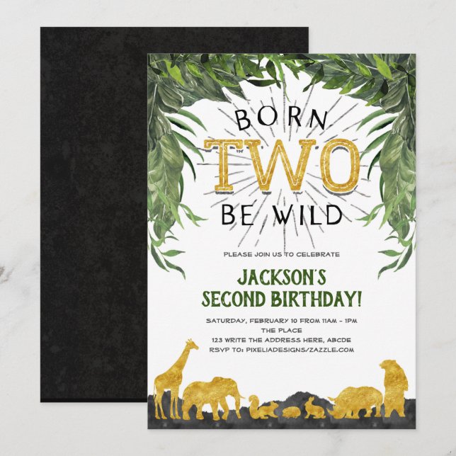 2nd birthday, Born to be wild, Safari Animal, Invitation (Front/Back)