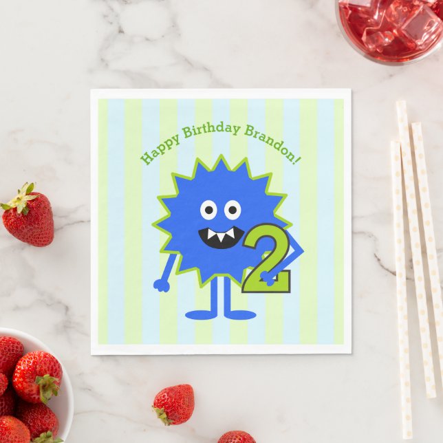 2nd Birthday Boy Monster Blue Green Stripes Cute Napkin (Insitu)
