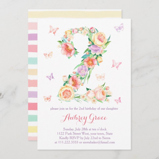 2nd Birthday Butterfly Garden Party invite cards (Front/Back)