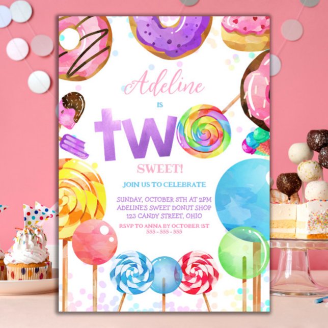 2nd Birthday Candyland Lollypop Sweets Candy Cute Invitation (Two Sweet 2nd Birthday party Candyland themed )