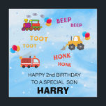 2nd Birthday Card for Boy | Son Grandson, Brother<br><div class="desc">Personalised 2nd Birthday Card for Boy | Son, Grandson, Brother, Nephew, Kids, Children, Cousin | Digger, Train, Fire Engine, Cars, Second This bright and colourful 2nd birthday card for boy is sure to make any little one smile! Featuring a yellow digger, blue train and red fire engine, it makes the...</div>
