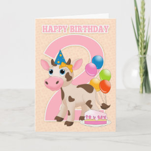 2nd Birthday Card With Little Cow Cake And Balloon