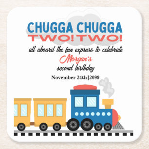 2nd Birthday Colourful Cartoon Train Square Paper Coaster