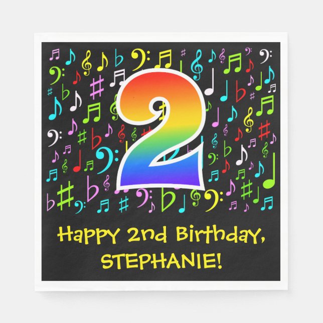 2nd Birthday - Colourful Music Symbols, Rainbow 2 Napkin (Front)