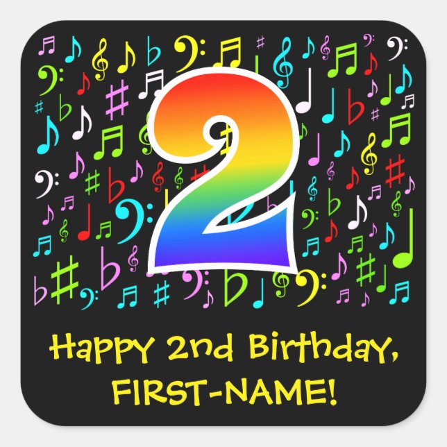 2nd Birthday: Colourful Music Symbols, Rainbow 2 Square Sticker (Front)