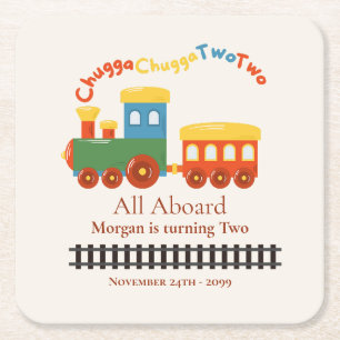 2nd Birthday Colourful Train Chugga Choo Two Square Paper Coaster