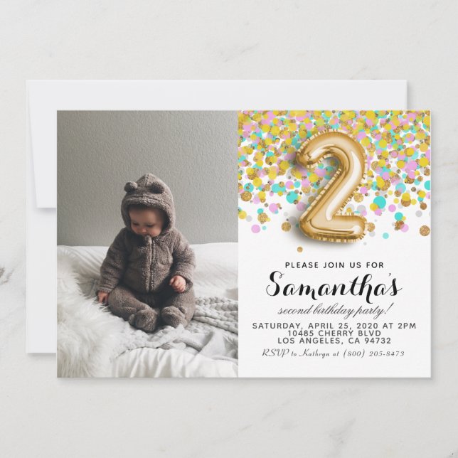 2nd Birthday Confetti Portrait Invitation (Front)