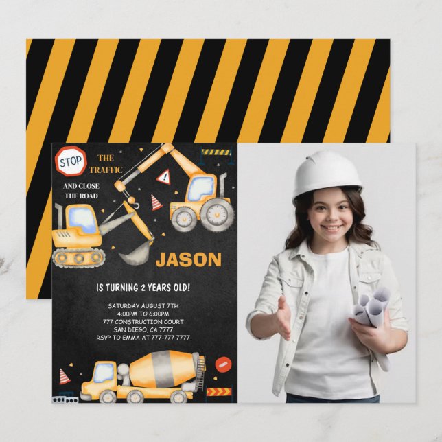 2nd Birthday Construction Boy Photo Invitation (Front/Back)