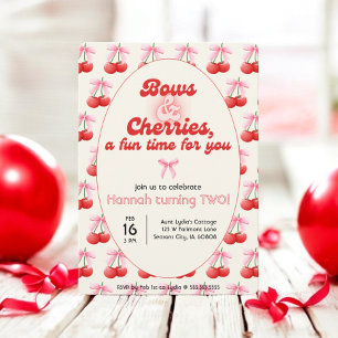 2nd Birthday Coquette Cherries Bows Bubble Letters Invitation