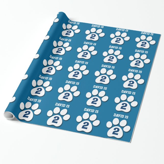 2nd Birthday Custom Name BLUE Paw Prints P05 Wrapping Paper (Unrolled)