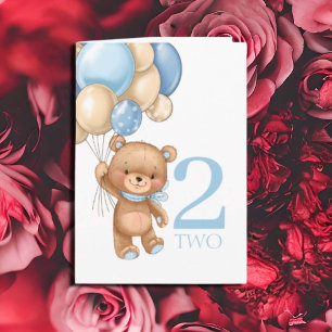 2nd birthday cute blue balloons boy teddy card