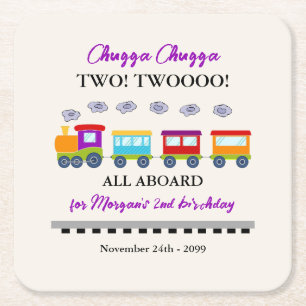 2nd Birthday Cute Colourful Train  Square Paper Coaster