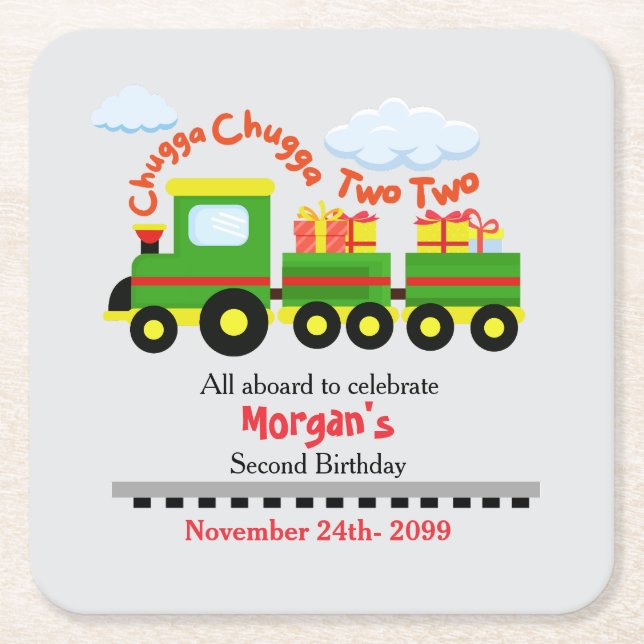 2nd Birthday Cute Colourful Train With Presents Square Paper Coaster (Front)