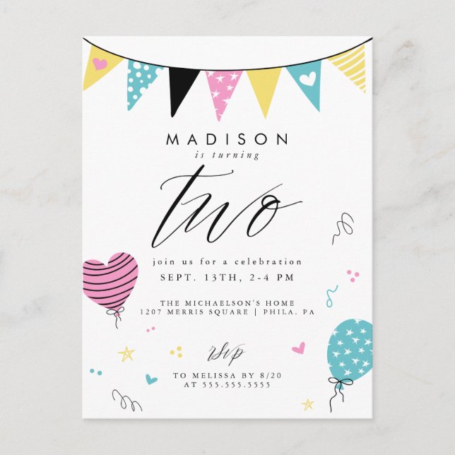 2ND BIRTHDAY | Cute Doodle Birthday Party Postcard (Front)