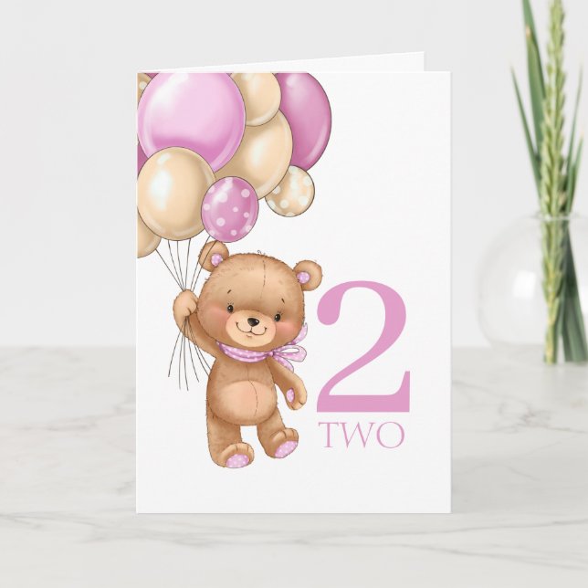 2nd birthday cute pink balloons girl teddy card (Front)