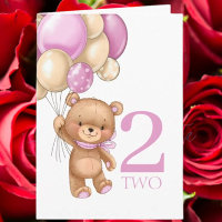 2nd birthday cute pink balloons girl teddy card