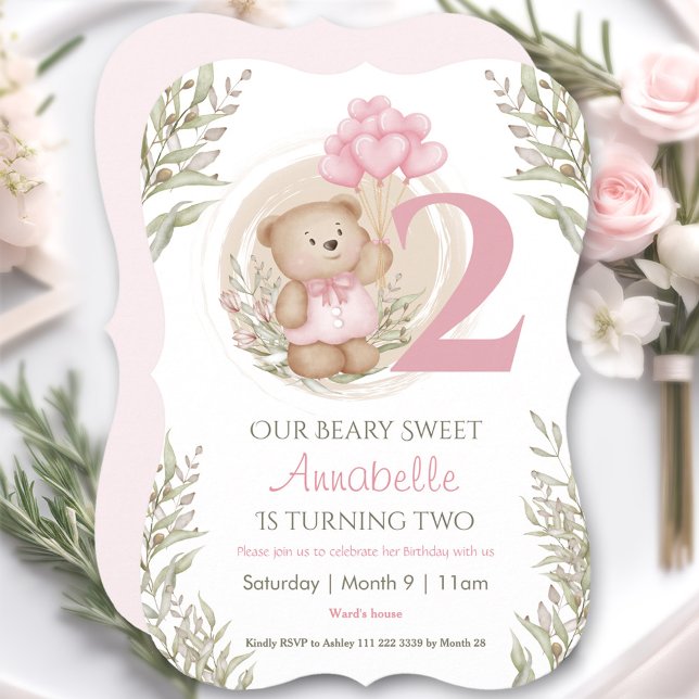 2nd Birthday Cute Teddy Bear Heart Balloons Pink Invitation (2nd Birthday Cute Teddy Bear Heart Balloons Pink Invitation)