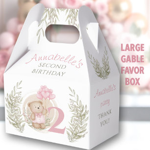2nd Birthday Cute Teddy Bear Pink Large Favour Box