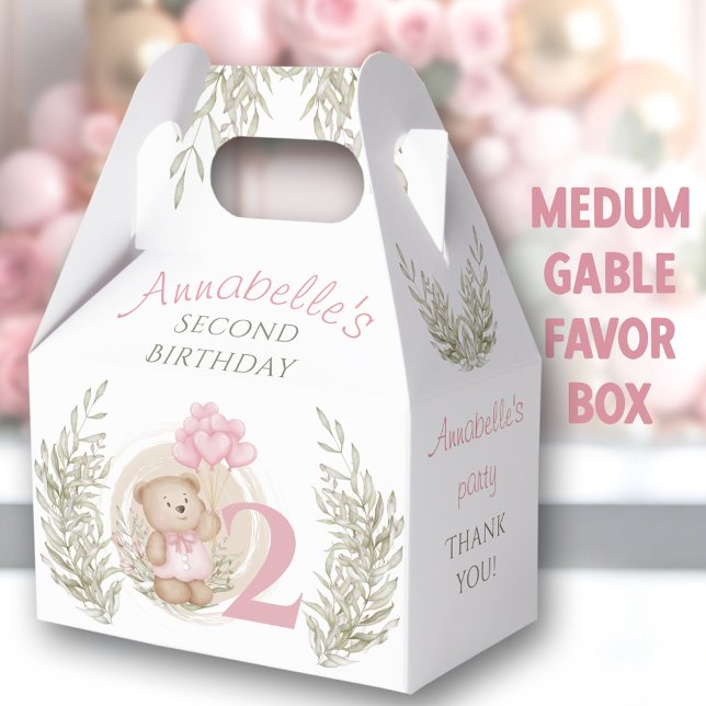 2nd Birthday Cute Teddy Bear Pink Medium Favour Bo Box (2nd Birthday Cute Teddy Bear Pink Medium Favor Box)