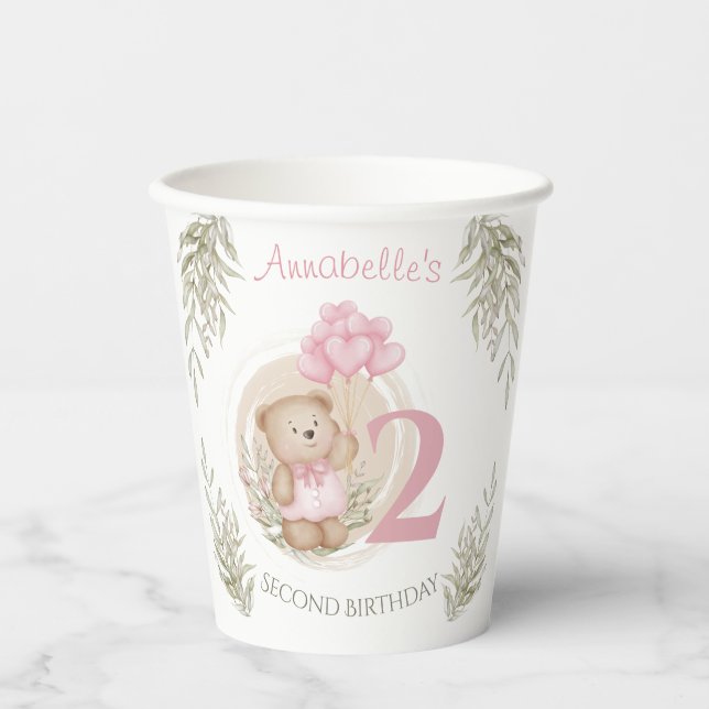 2nd Birthday Cute Teddy Bear Pink Paper Cups (Front)