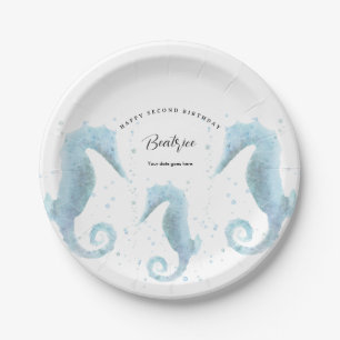 2nd Birthday Dusty Blue Seahorse  Paper Plate