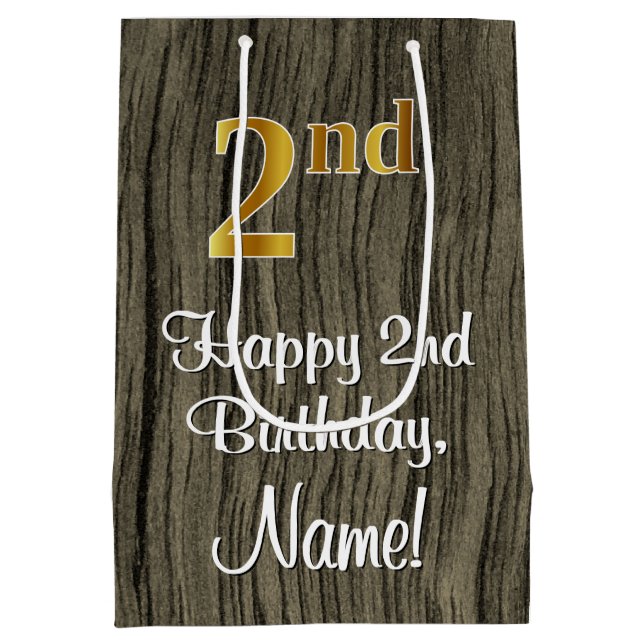 2nd Birthday: Elegant Faux Gold Look #, Faux Wood Medium Gift Bag (Back)