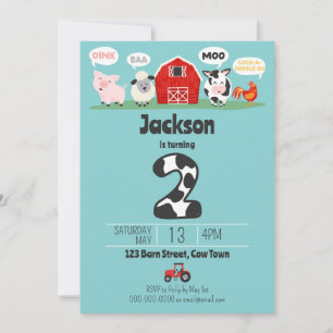 2nd Birthday Farm Animals Oink Baa Moo Kids Invitation