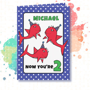 2nd Birthday Fish Cartoon Cute Red Blue Shark Card