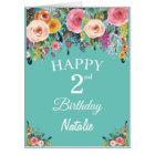 2nd Birthday Floral Flower Teal Extra Large Card