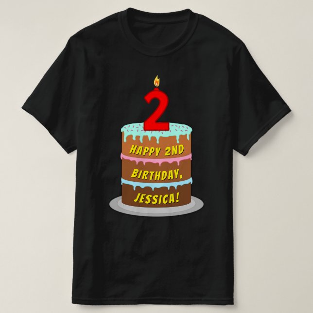 2nd Birthday — Fun Cake & Candle, w/ Custom Name T-Shirt (Design Front)