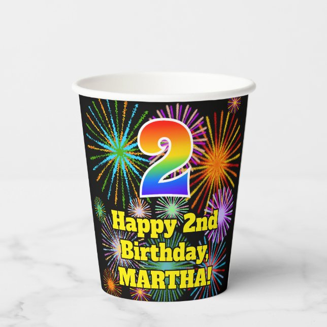 2nd Birthday: Fun Fireworks Pattern + Rainbow 2 Paper Cups (Back)