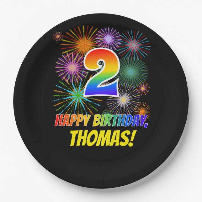 2nd Birthday: Fun Fireworks Pattern + Rainbow 2 Paper Plate (Front)