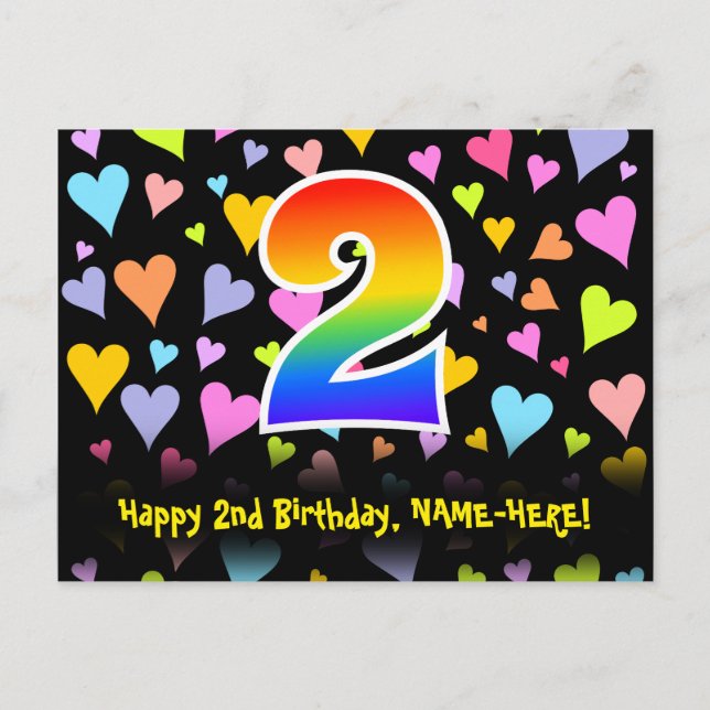 2nd Birthday: Fun Hearts Pattern, Rainbow 2 Postcard (Front)