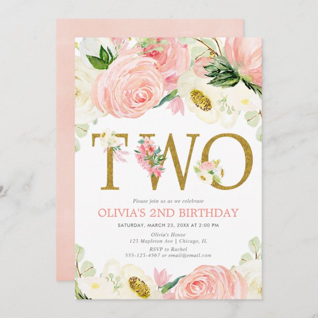 2nd birthday girl, blush pink gold floral elegant invitation (Front/Back)