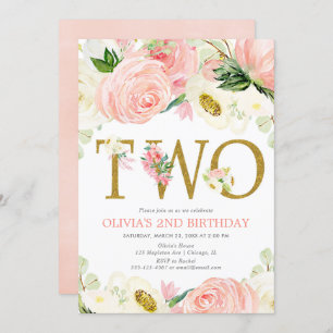 2nd birthday girl, blush pink gold floral elegant invitation