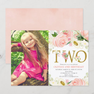 2nd birthday girl, blush pink gold floral photo invitation