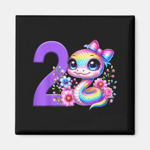 2nd Birthday Girl Snake Party Rainbow Coquette Bow Magnet