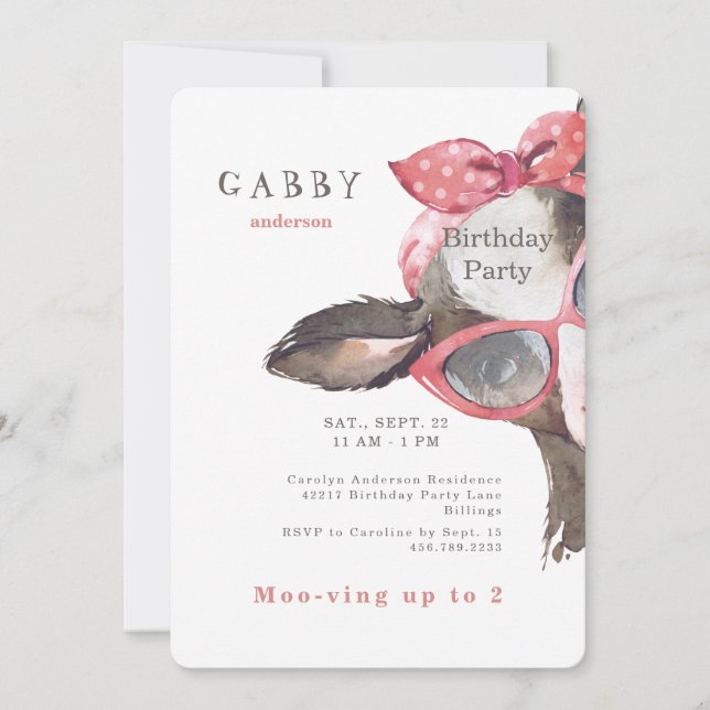2nd Birthday Glasses on Pink Cow Pink Invitation (Front)