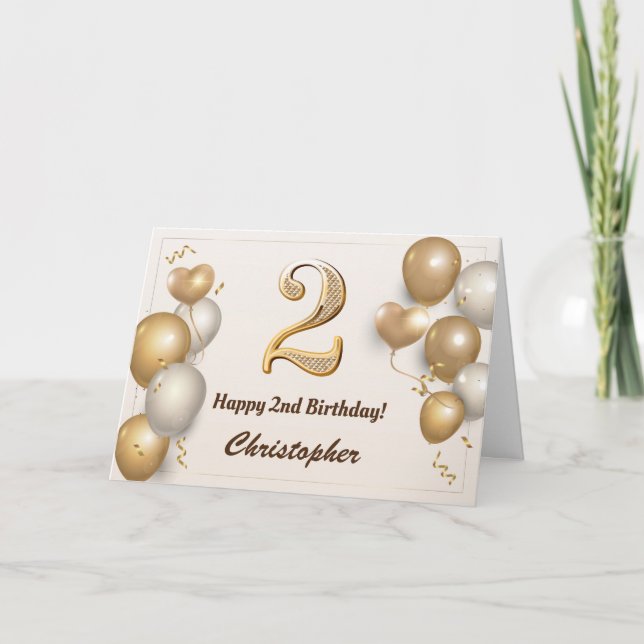 2nd Birthday Gold Balloons and Confetti Birthday Card (Front)