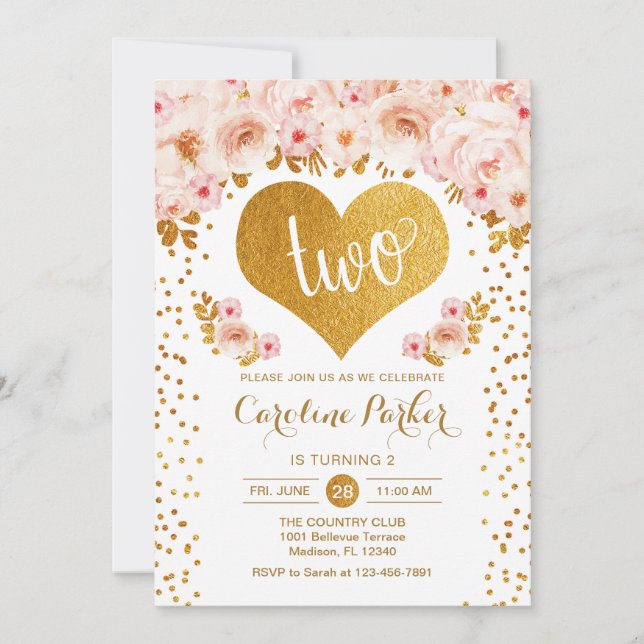2nd Birthday - Gold Heart White Pink Floral Invitation (Front)