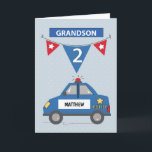 2nd Birthday Grandson Custom Name Blue Police Car Card<br><div class="desc">A blue police car is on the road rushing to bring birthday greetings to your grandson on his 2nd birthday! Customise with his name on the police car for a personal touch! Soft blue background has subtle stars, and a pennant with flags hangs with the number two. The word grandson...</div>