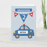 2nd Birthday Grandson Custom Name Blue Police Car Card<br><div class="desc">A blue police car is on the road rushing to bring birthday greetings to your grandson on his 2nd birthday! Customise with his name on the police car for a personal touch! Soft blue background has subtle stars, and a pennant with flags hangs with the number two. The word grandson...</div>