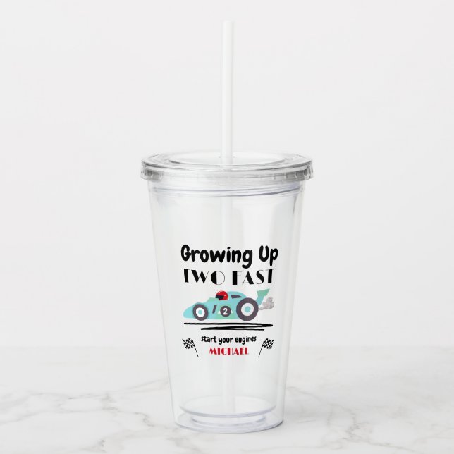 2nd Birthday Growing Up Two Fast Blue Race Car Acrylic Tumbler (Front)