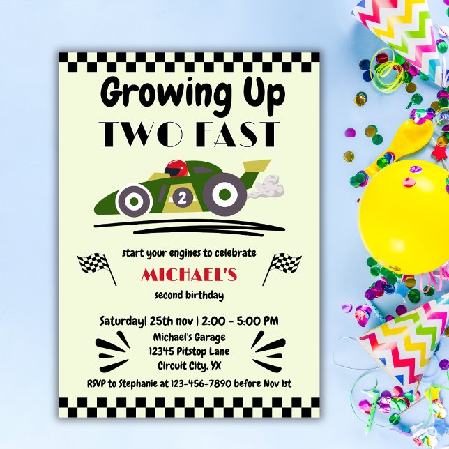2nd Birthday Growing Up Two Fast Green Race Car Invitation (Creator Uploaded)