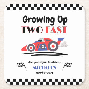 2nd Birthday Growing Up Two Fast Red Blue Race Car Square Paper Coaster